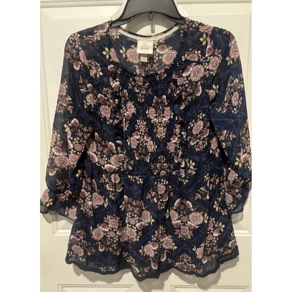 Know Rose Navy & Rose Floral BOHO Elastic Cuffs Embroidered Trim Small Babydoll